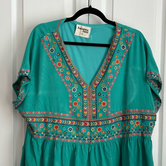 Savannah Jane Embroidered Teal Women's Mini Dress,, size 2x - Picture 5 of 5